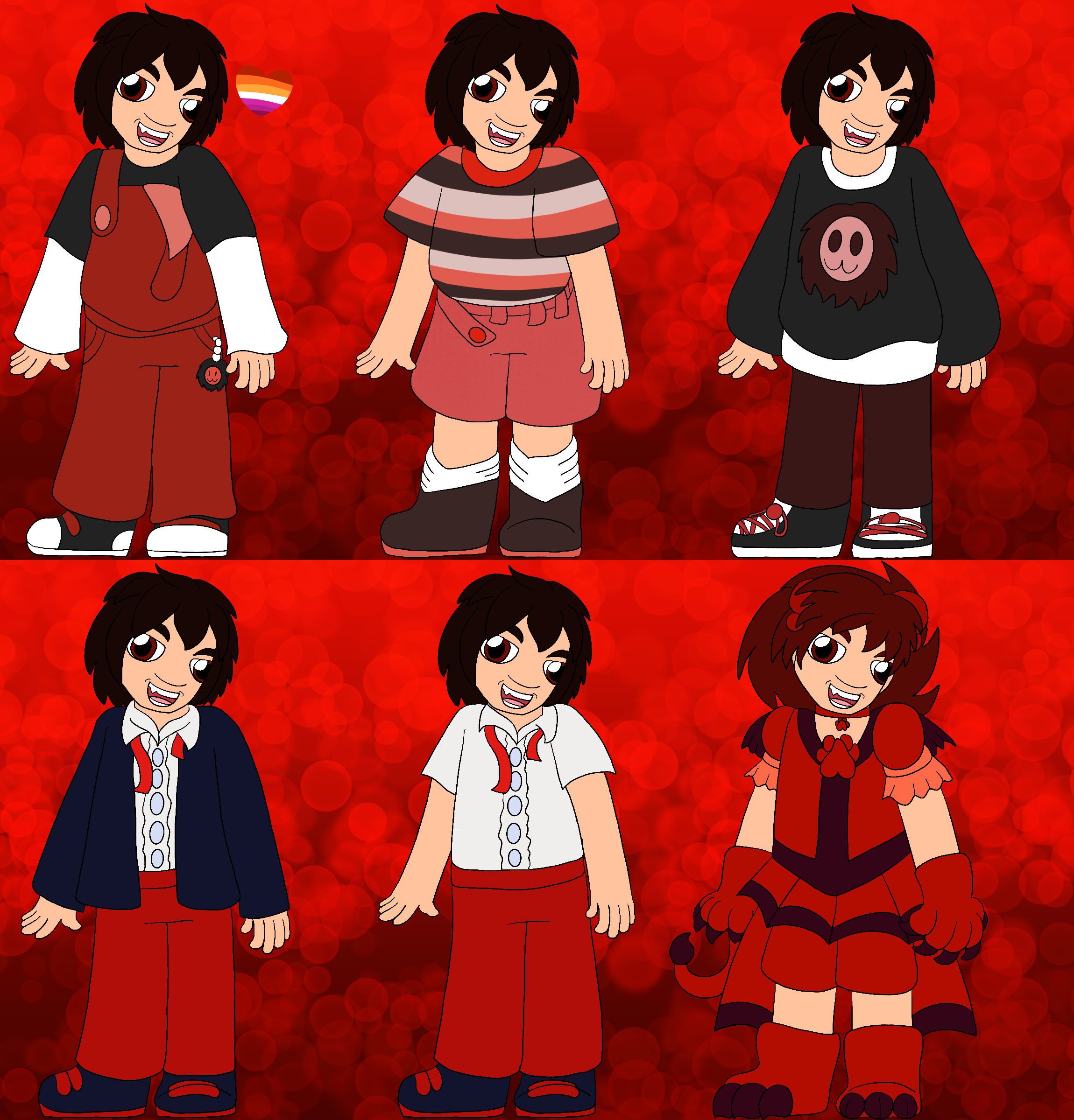 A reference sheet of the artist's fancure, a thin girl with pale skin, bushy deep brown hair like a lion's mane, and red eyes. She has six different outfits, a heart in the colors of the lesbian pride flag beside her, and stands against a red, bubble-covered gradient background.