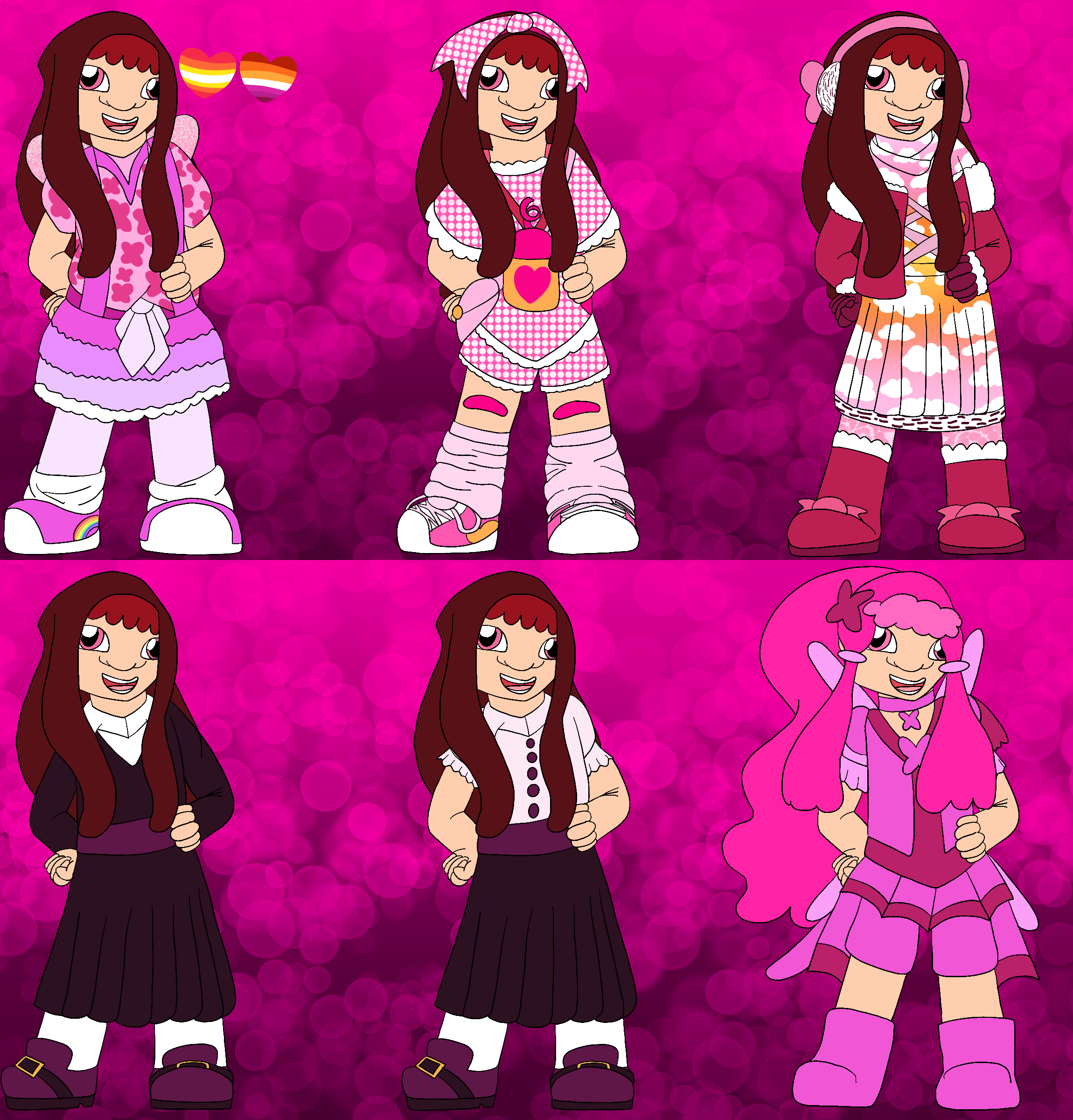 A reference sheet of the artist's fancure, a thin girl with peach skin, long dark red hair with fluffy, lighter red bangs, and pink eyes. She has six different outfits, hearts in the colors of the nonbinary girl and lesbian pride flag beside her, and stands against a pink, bubble-covered gradient background.