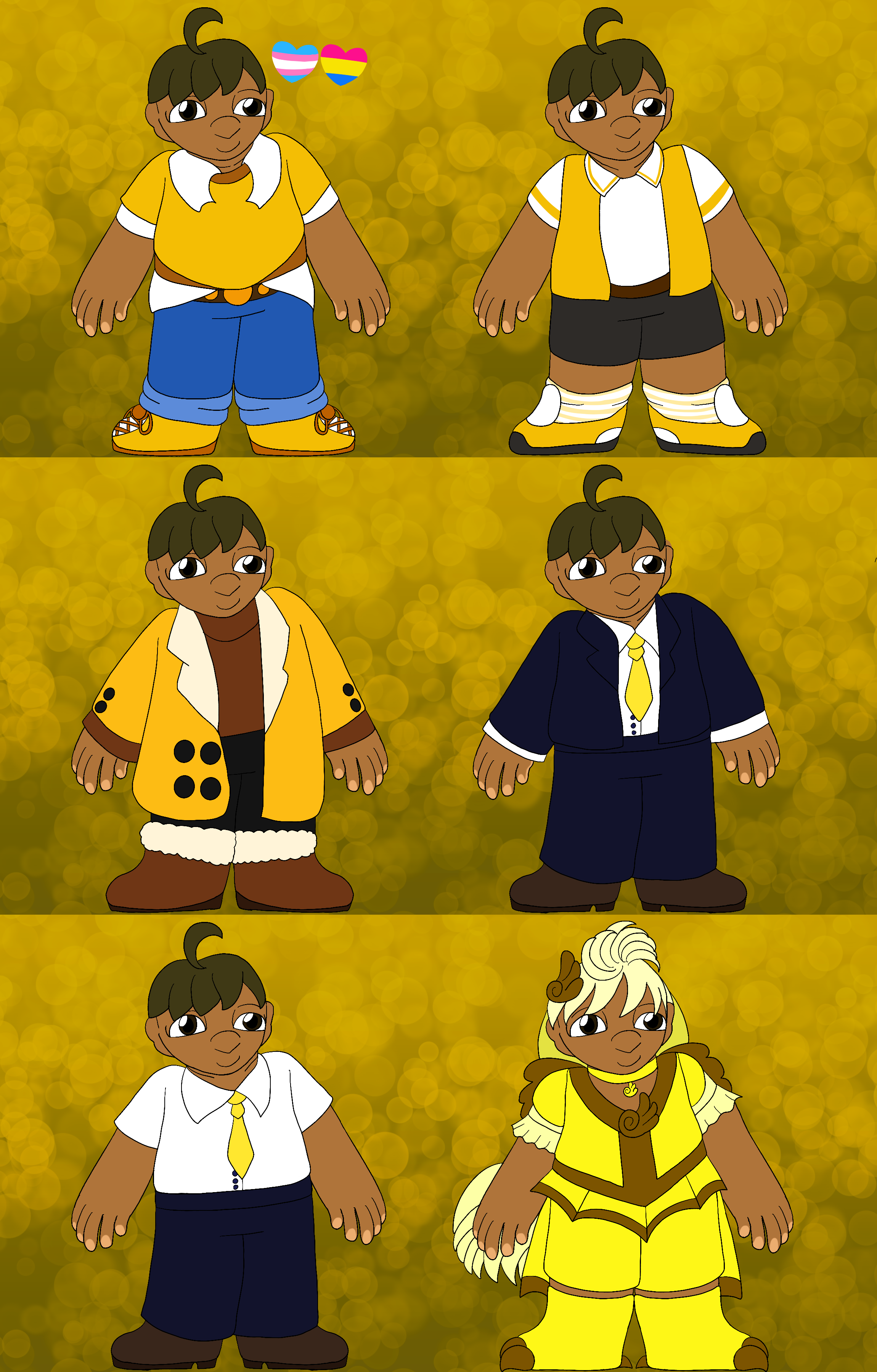 A reference sheet of the artist's fancure, a fat boy with tanned skin, short dark yellow hair with spiked bangs and a cowlick, and brown eyes. He has six different outfits, hearts in the colors of the transgender and pansexual pride flag beside her, and stands against a yellow, bubble-covered gradient background.