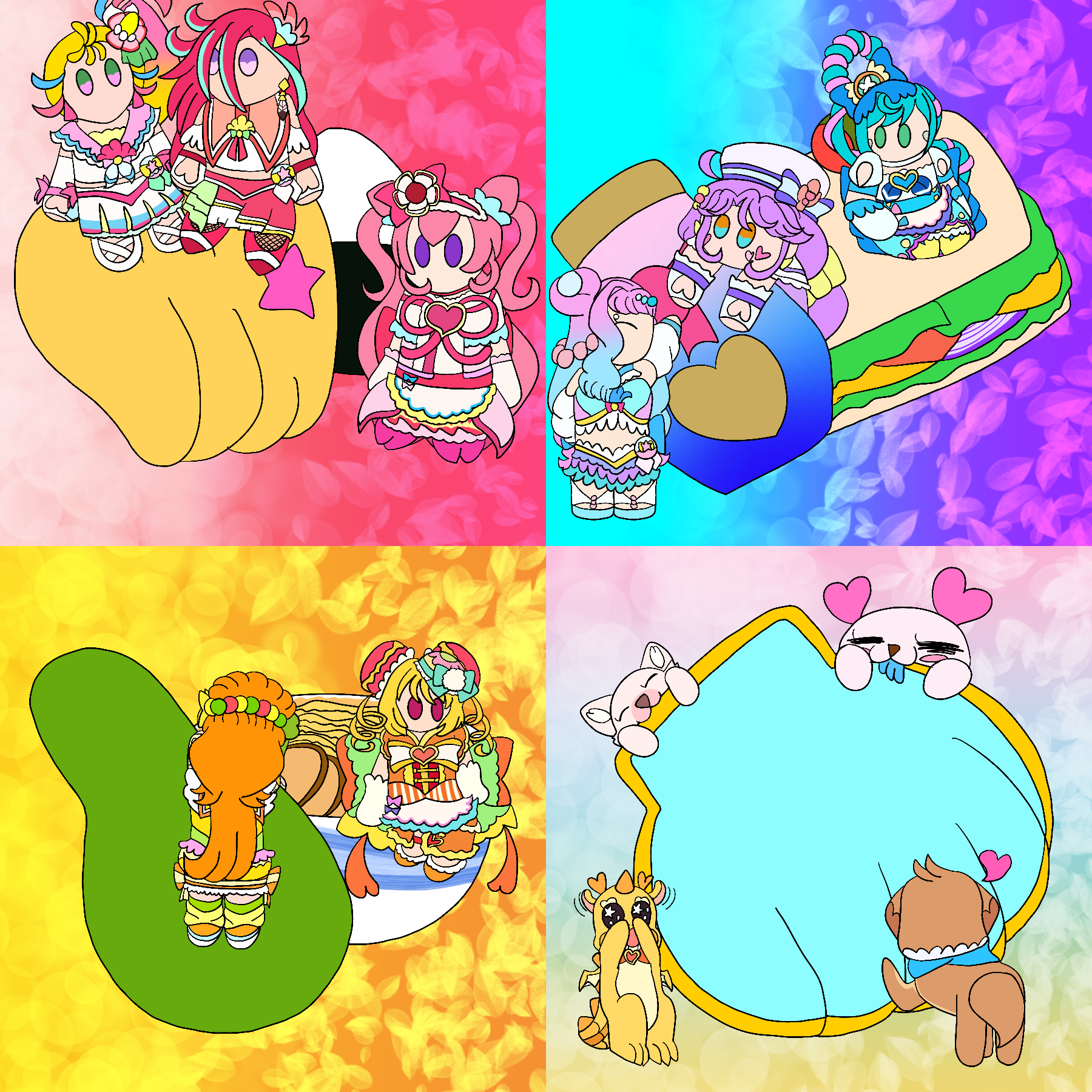 A collection of chibi-style illustrations of the Cures and Fairies from Tropical Rouge and Delicious Party Precure sitting, climbing, or eating various food items against gradient backgrounds with leaf patterns. Clockwise from top-left, it shows Cures Summer and Flaming sitting on a loaf of tropical melon bread while Cure Precious sits next to some riceballs; Cure La Mer happily patting a jar of marine gummies that Cure Coral climbs on while Cure Spicy sits on a sandwich; Cure Papaya climbing atop a papaya while Cure YumYum sits on the edge of a ramen bowl; and finally, Kururun, KomeKome, PamuPamu, and MemMem surrounding a seashell cookie.