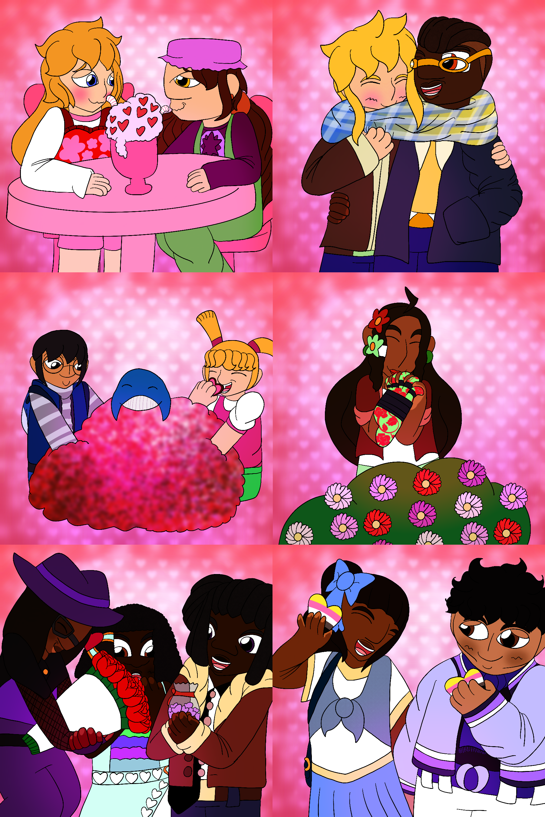 A set of pink-tinted Valentine's Day pieces featuring the Ring of Heroes portal masters, Ms Whale, and several of the artist's Skylanders Ring of Heroes original characters against pink, gradient, heart-print backgrounds. Clockwise from top-left, they show a blushing Eugenie and Ryeo sharing a milkshake at a table; George and Bruno grinning and sharing a scarf; Oscar and George's younger sister eating from a massive pile of Valentine's Day candy that Ms Whale lays atop of; Adriana grinning and clutching her hands as she admires a flower bush; the artist's original character being presented with flowers and candy by the scrapped portal master Nine and another original character; and two original characters grinning at each other while holding hearts bearing the queerplatonic pride flag.