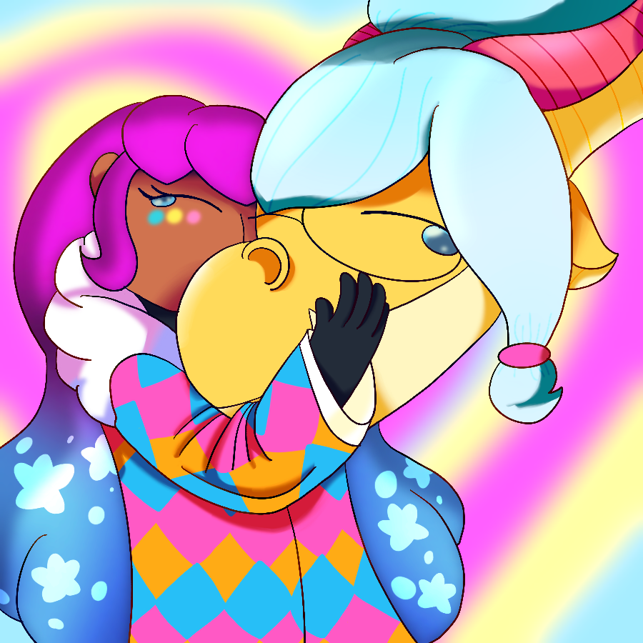 Verena and Zinnia from Super Lesbian Animal RPG embracing while crying tears of joy in front of a pink, yellow and blue heart-shaped gradient background. Zinnia is in her large true form, and Verena cradles Zinnia's head in her arms.