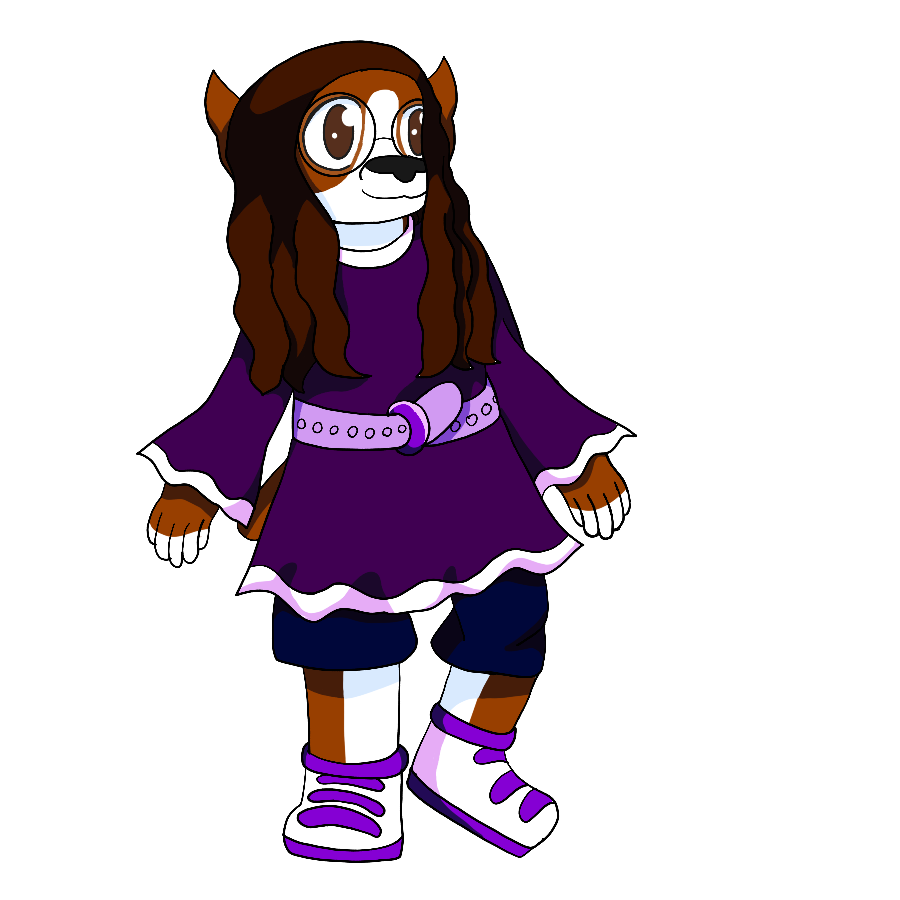 A drawing of the artist's Sonic sona done in the Super Lesbian Animal RPG style, showing the sona smiling with a leg raised slightly. The sona is an anthropomorphic brown and white Boston Terrier with long, wavy dark brown hair and brown eyes who wears black, thick coke-bottle glasses, a purple and white dress with a light purple belt over deep blue shorts and white and purple sneakers.