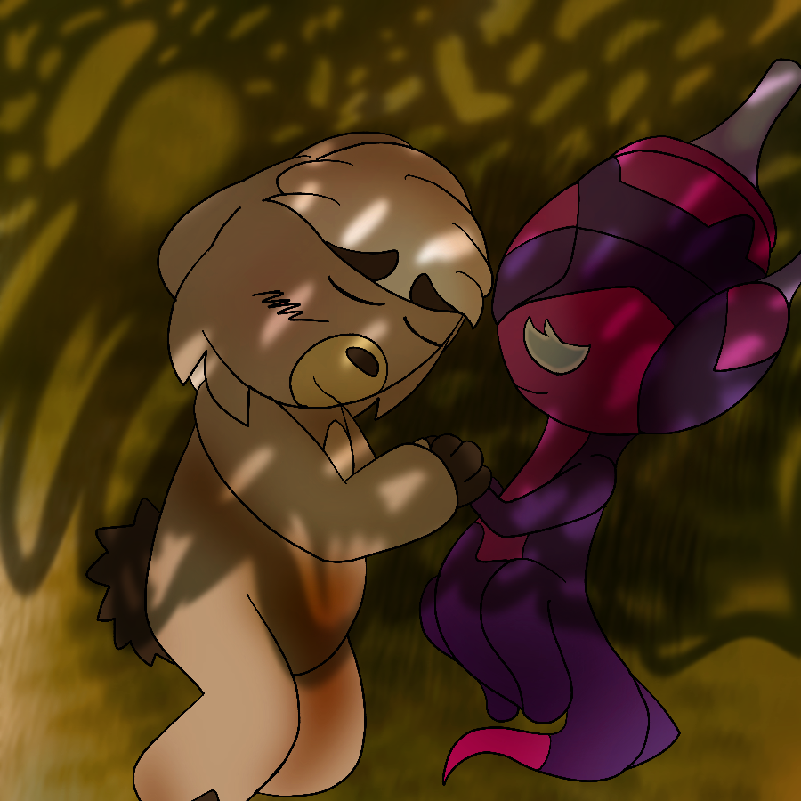 A Kubfu and a Poipole from Pokemon laying on their sides on a grassy field, underneath the shade of a tree's canopy. The Kubfu smiles and blushes slightly with eyes closed, and the Poipole's eyes are open while she smiles. The whole picture has a slight sepia tint.