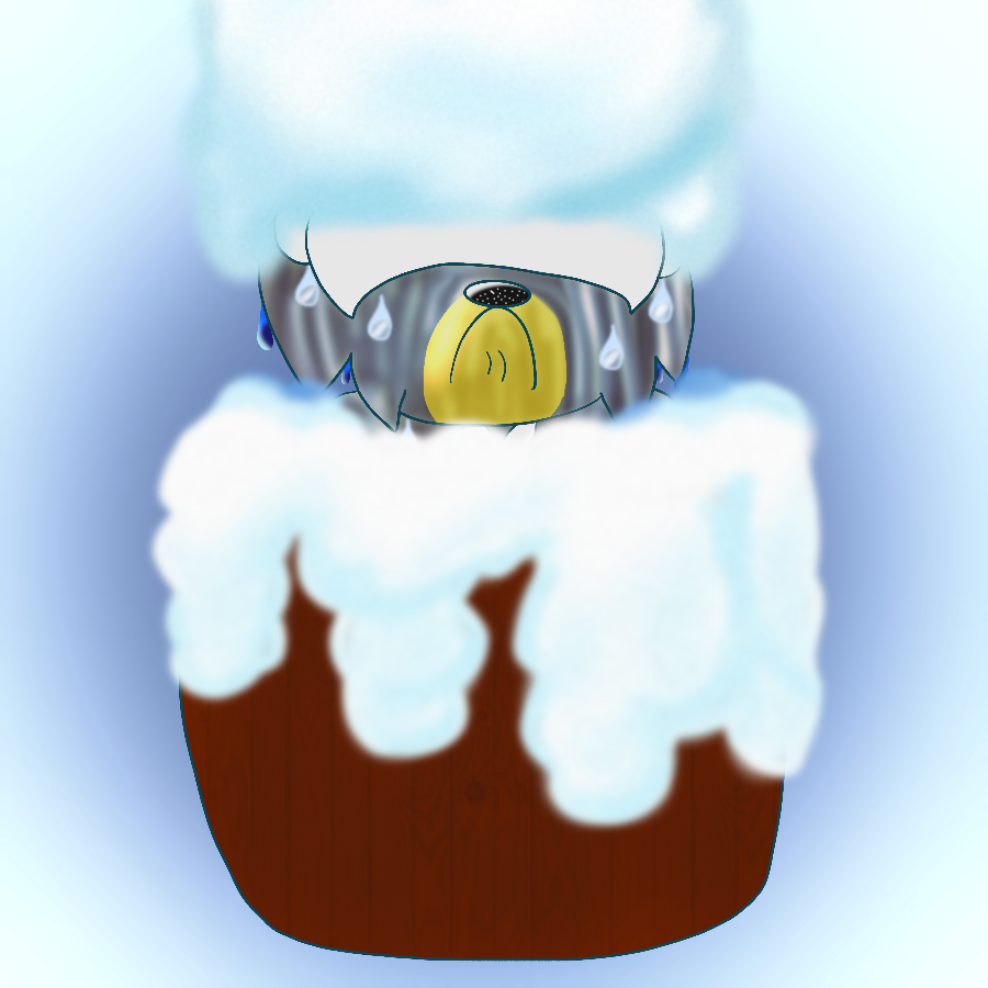 A Kubfu from Pokemon sitting within a wooden tub overflowing with a bubble bath. His fur is throughly soaked, and he has a deep pout on his face while his fur covers his eyes and a large tower of bubbles tops his head. He is placed against a dull light blue gradient background.