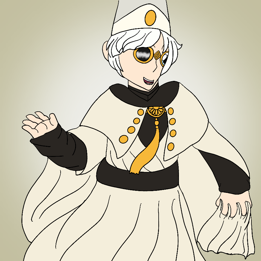 Qifrey from Witch Hat Atelier smiling and looking to the side as he clutched his cape with one and lifts the other hand against a tan and white gradient background.