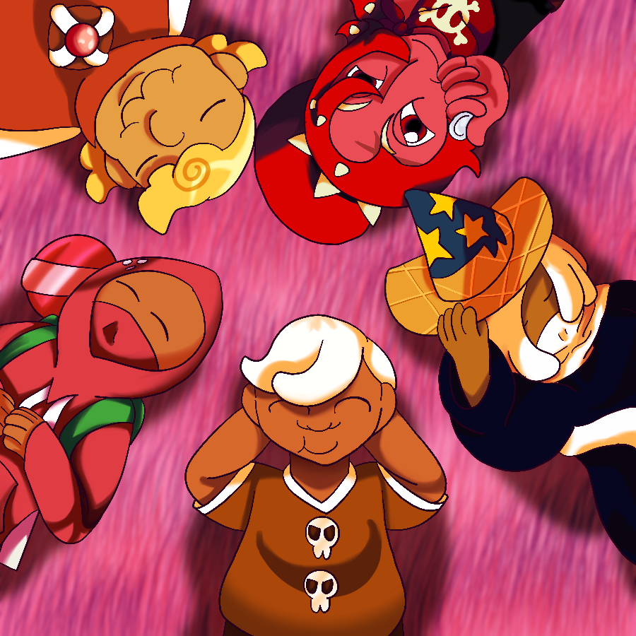 A drawing of several Cookies from Cookie Run laying together in a pink grass field. Clockwise from center, the drawing shows: Gingerbrave smiling and sleeping with his hands behind his head, Strawberry Cookie sleeping with her hands on her chest, Custard Cookie III sleeping with his cape laid over his body like a blanket and his crown on his chest, Chili Pepper Cookie wide awake as she holds up and admires a silver coin, and Wizard Cookie pulling his hat over his head as he sleeps.