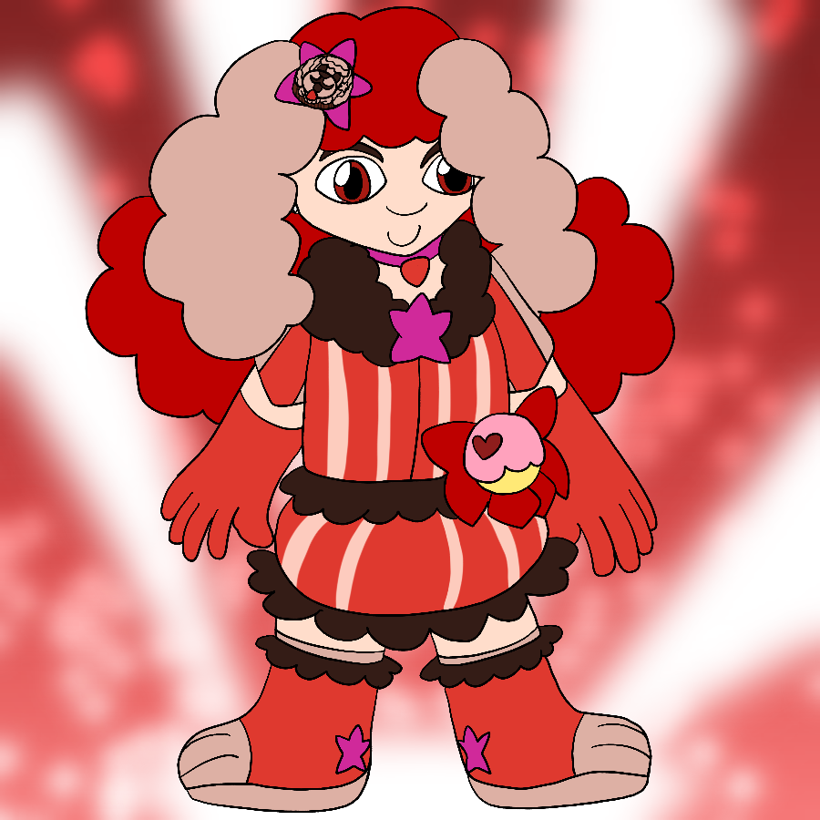 Mike Kenjou from Kirakira Precure A La Mode in a Cure outfit inspired by the Poodle Chocolate Cake Animal Sweet. She stands against a sparkly red and white background.