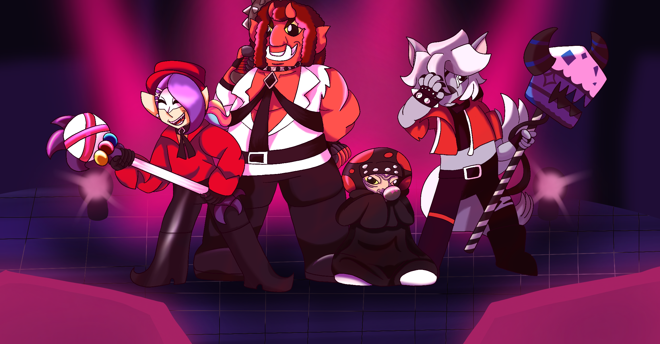 A redraw of official Cookie Run Kingdom art that depicts the Bad End Generals from Smile Precure dressed as B.A.D 4 from Cookie Run Kingdom and standing on a stage in their poses as light shines. Joker is dressed as ZZ Skull, Akaoni is dressed as T.N.T, Majorina is dressed as Mushy P, and Wolfrun is dressed as HellHound.