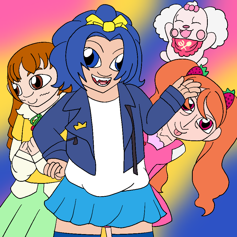 Art of Himari Arisugawa, Aoi Tategami, and Ichika Usami from Kirakira Precure A La Mode standing together against a gradient background in their theme colors. Aoi smiles with one hand held out and the other on her hip, and behind her, Himari looks aside with a shy smile and Ichika leans over and playfully sticks her tongue out. Pekorin leaps up and cheers behind Ichika.