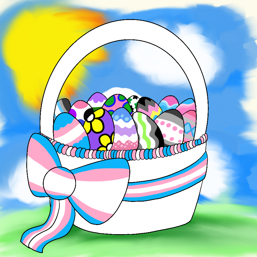 A basket of Easter eggs that are colored in the colors of various genders' pride flags, with the basket's decorations being in the colors of the transgender pride flag. The basket stands on a painting-like render of a grassy field on a sunny day.