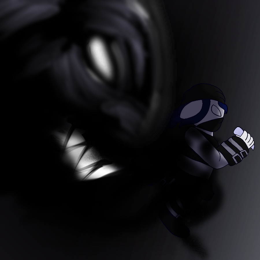 A drawing of Dark Stealth Elf from Skylanders running through a dark, shadowy room to a light source while a tiger made of shadows forms behind her from shadows that curl around her body.