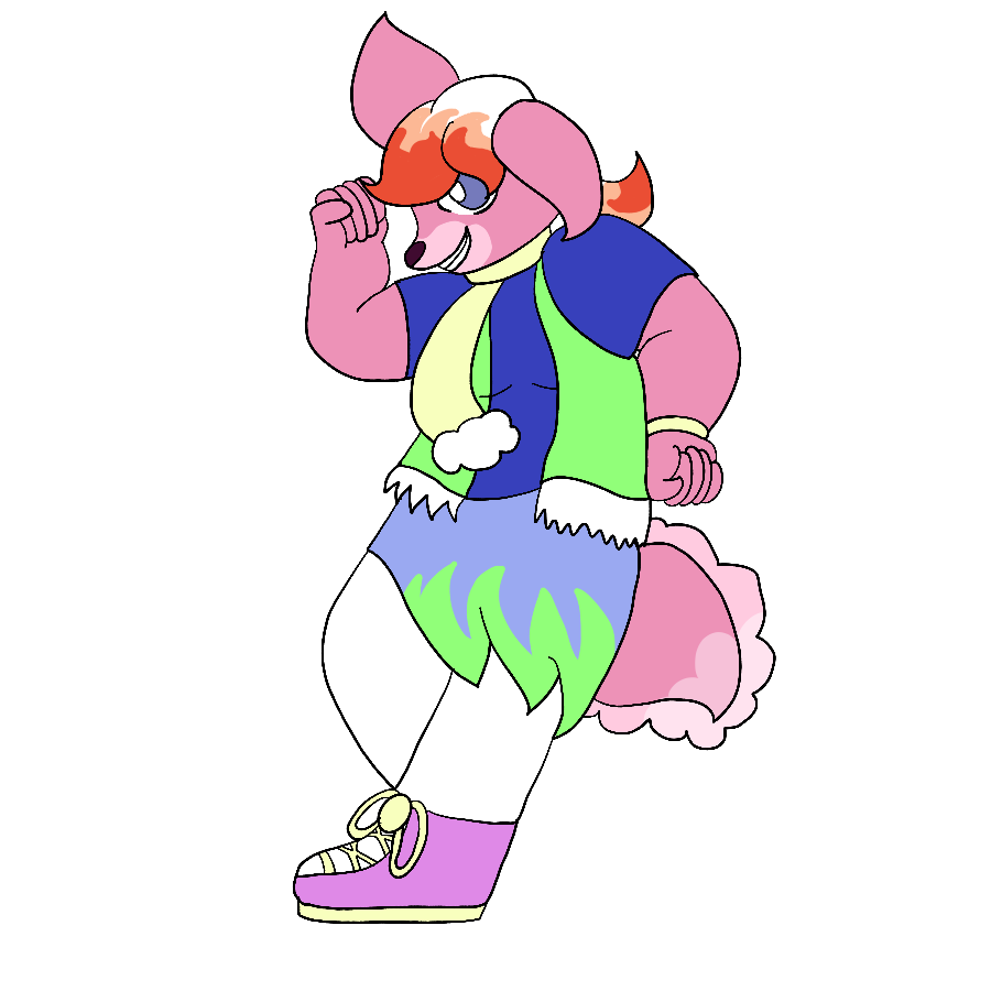 A fusion of Melody Amaranth and Allison Golette from Super Lesbian Animal RPG. The fusion is an average build fox/rabbit hybrid with dull pink fur, light blue eyes, a dark pink nose, short white hair with orange flame-shaped accents and a short tail with a lighter tip and extra fluff. She wears a blue t-shirt, a light green vest with torn white fringe, a light yellow scarf with a fluffy white fringe, a torn blue skirt with green accents, white pants, one light yellow bracelet, and light purple, white, and light yellow sneakers. She smiles and flexes for the viewer.