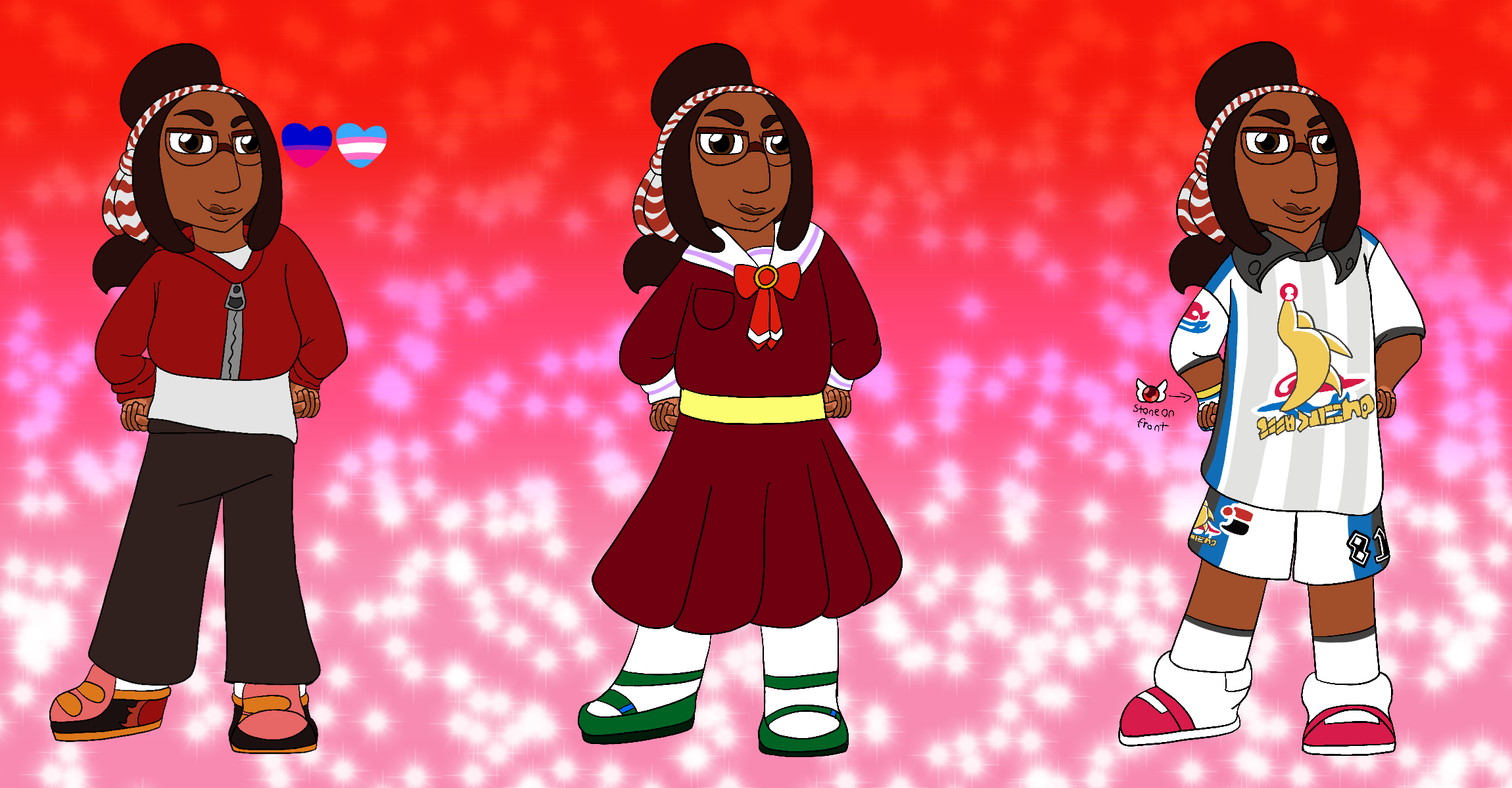 A reference sheet for the artist's Pokemon fan character, a thin girl with brown skin, brown hair kept in a ponytail, and brown eyes with glasses. She is shown with three different outfits, she stands in front of a sparkly red gradient background, and beside her first design are hearts in the colors of the transgender and bisexual pride flags.