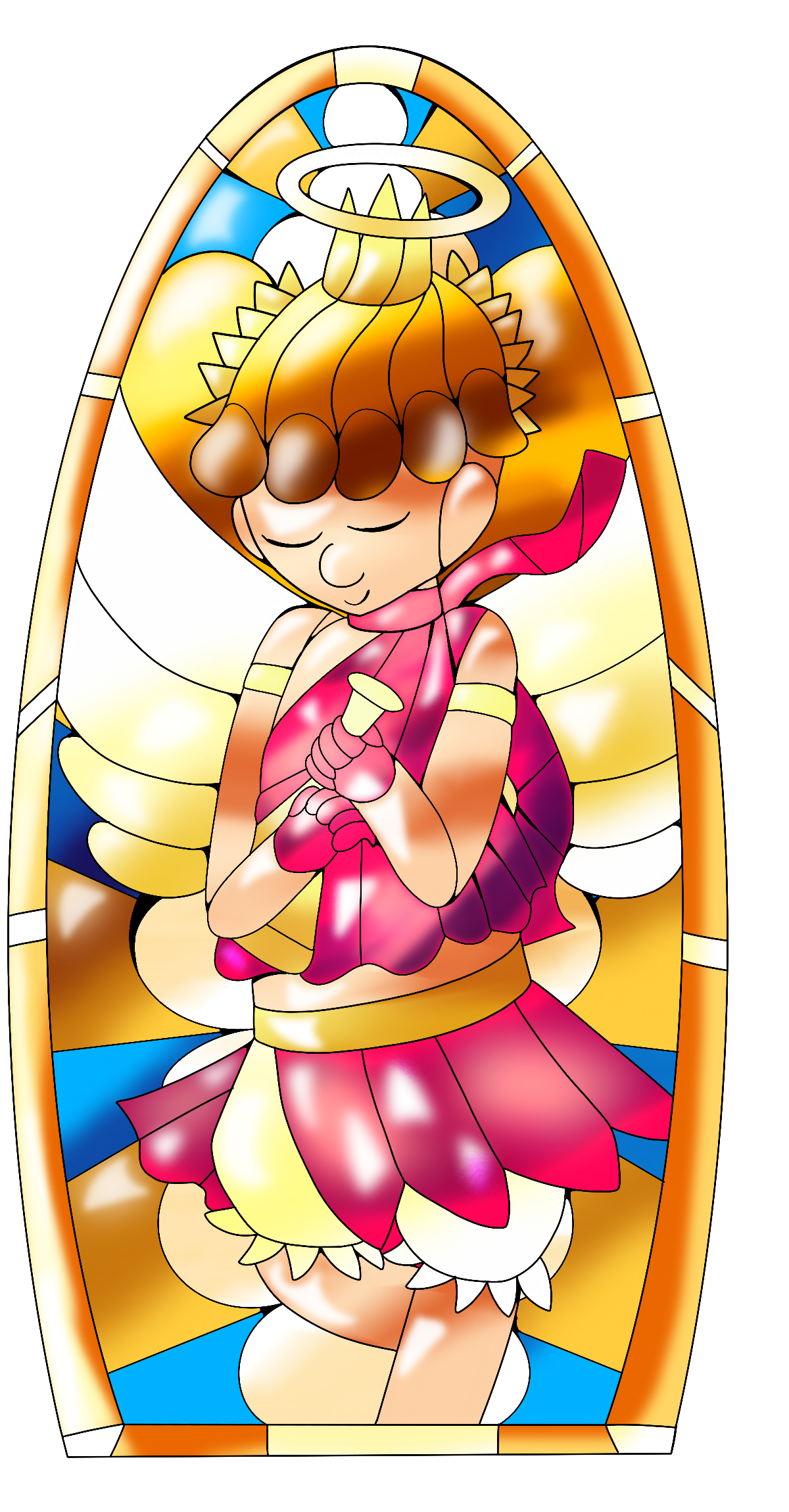 A circle top stained glass window of Poet from Pop'n Music. She is depicted in her Pop'n Music Unilab design, and smiles with closed eyes as she stands and clutches her trumpet. The window's background is an abstract depicting of sunbeams poking out from clouds against a blue sky.