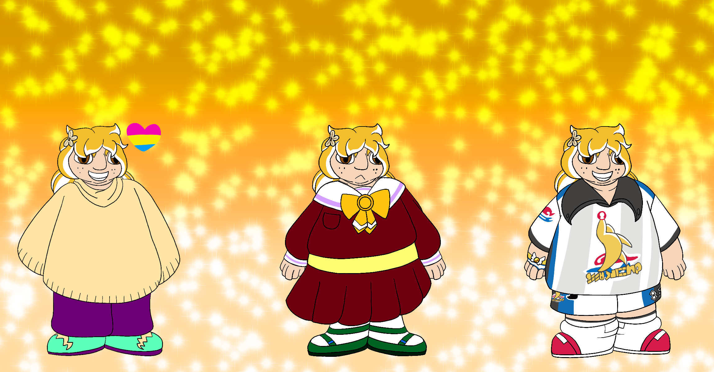 A reference sheet for the artist's Pokemon fan character, a fat girl with pale skin, long and messy blonde hair with white streaks, and brown eyes. She is shown with three different outfits, she stands in front of a sparkly yellow gradient background, and beside her first design is a heart in the colors of the pansexual pride flag.