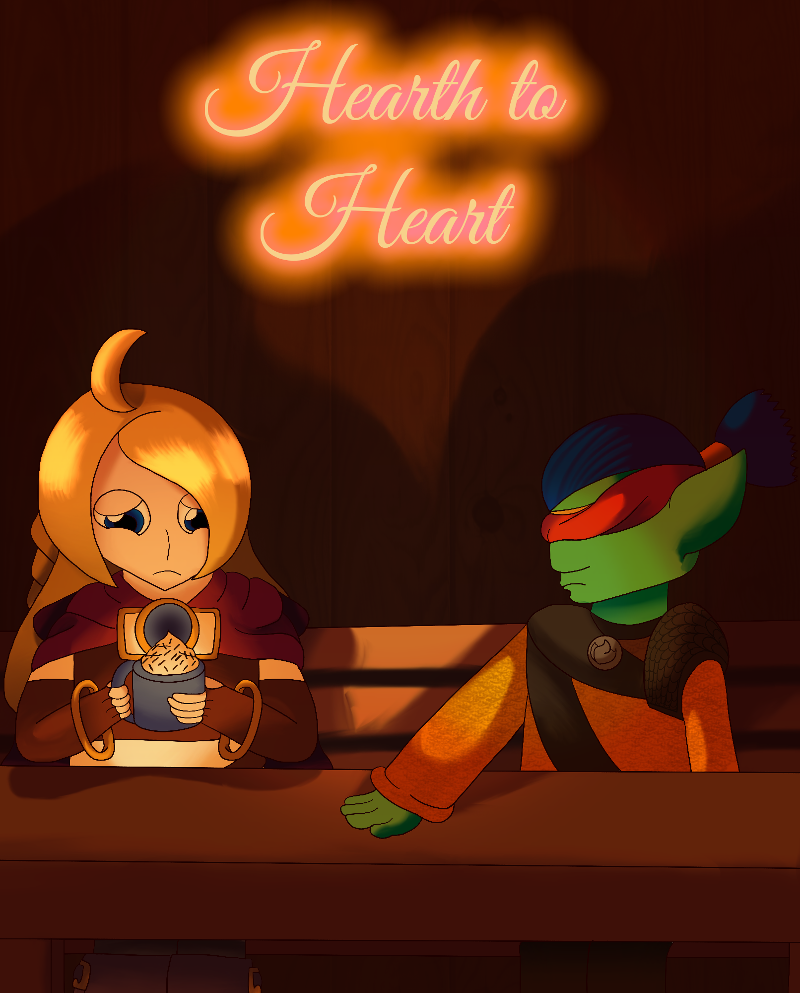 A poster for the author's fanfic. It shows Eugenie from Skylanders Ring of Heroes in a dimly-lit, wooden room. She's sitting at a table and frowns as she holds a cup of hot chcolate in her hands, and beside her, Flameslinger sits down and frowns as he lays a hand on the table. The fanfic's title, Hearth to Heart, is written above them in warm-colored lettering with a blurry back.