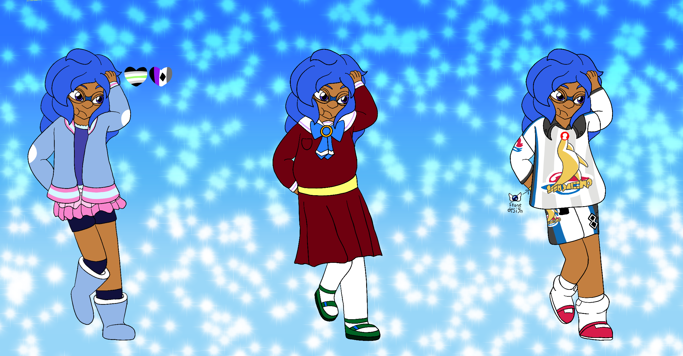 A reference sheet for the artist's Pokemon fan character, a thin girl with lightly tanned skin, voluminous and messy blue hair, and indigo eyes with glasses. She is shown with three different outfits, she stands in front of a sparkly blue gradient background, and beside her first design are hearts in the colors of the agender and demisexual pride flags.
