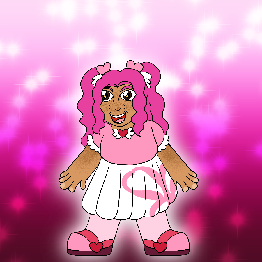 The same character from before, but as a child. She is shorter, her hair is kept in twintails, and she wears a cutesy pink and white outfit with heart motifs as she stands and smiles.