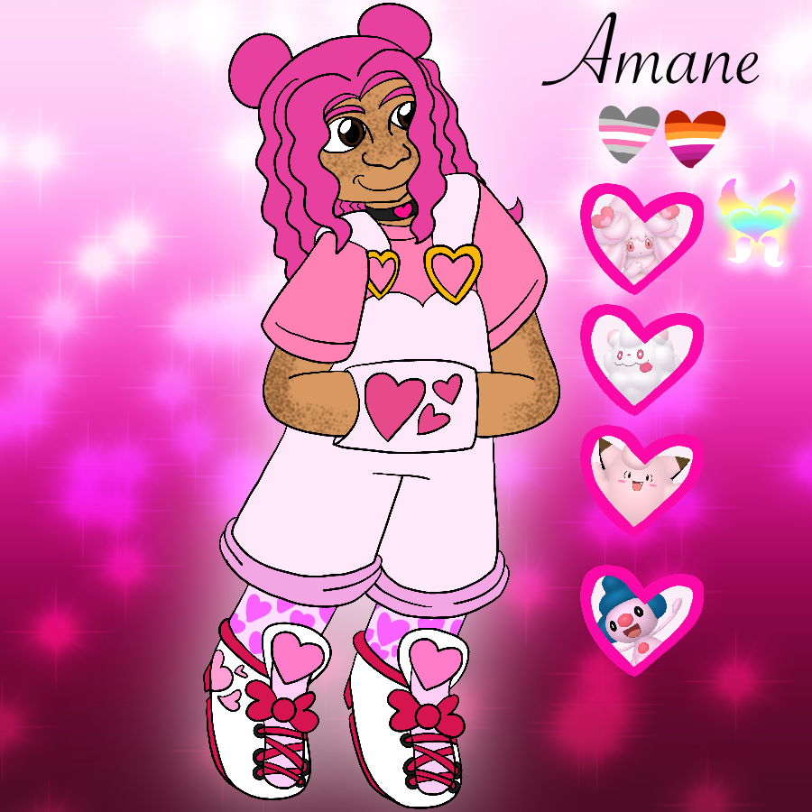 A reference sheet for the artist's Pokemon fan character, a thin girl with tanned skin covered in freckles, bright pink hair kept in small hair buns and waves sides and back, and brown eyes. She is shown in casual wear, smiling as she hides her hands in her overalls' pocket. She stands in front of a sparkly pink gradient background, and beside her is her name, Amane, hearts in the colors of the demigirl and lesbian pride flags, and graphics of her Pokemon team with a special icon marking her team's ace, a Ruby Cream/Love Sweet Alcremie.