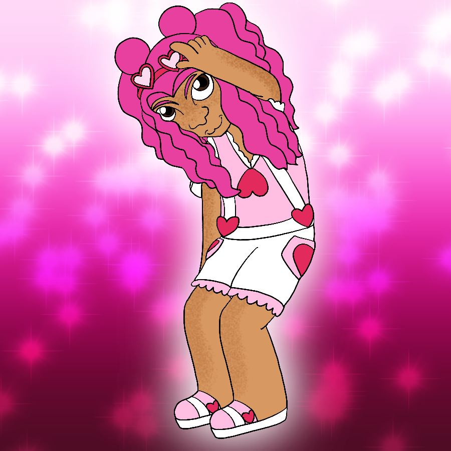 The same character from before, but in a summery casual outfit. She leans down and grins with a catlike smile as she adjusts her sunglasses atop her head.