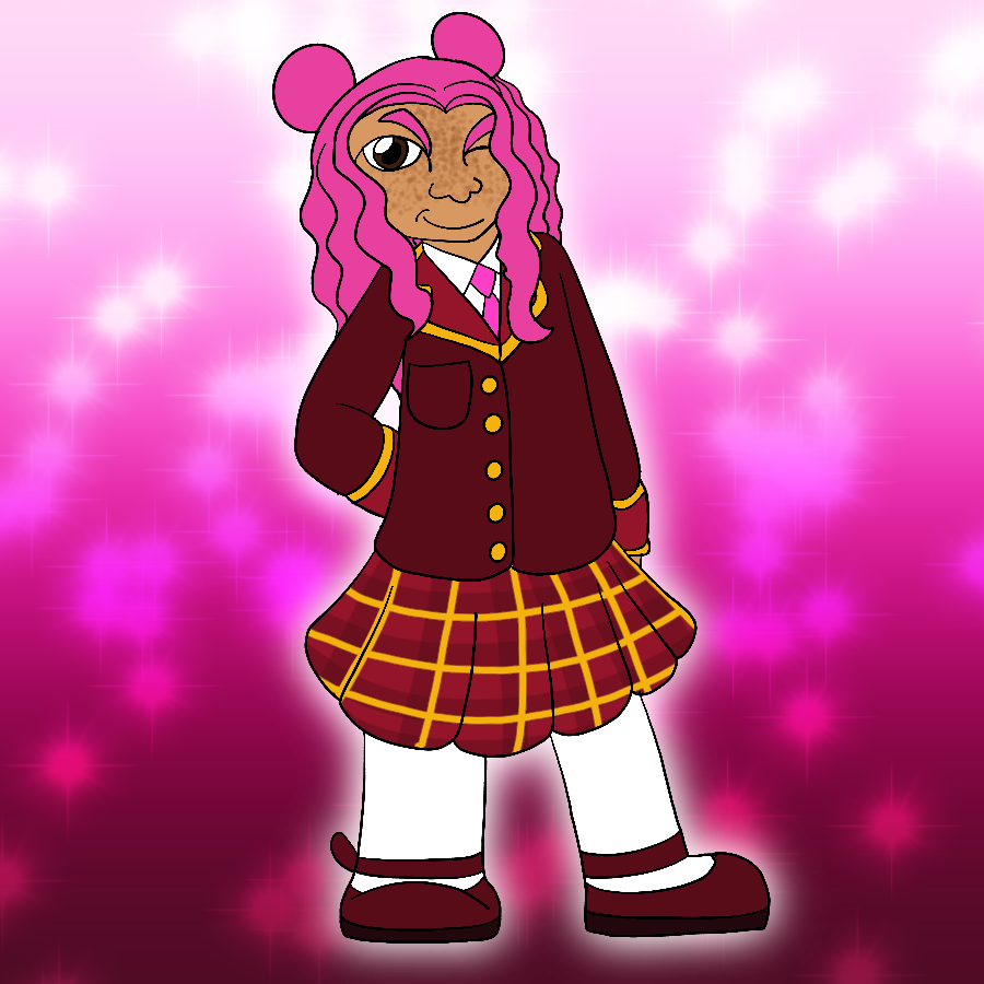 The same character from before, but in a red and gold British schoolgirl uniform. She smiles confidently and winks with one hand behind her back.