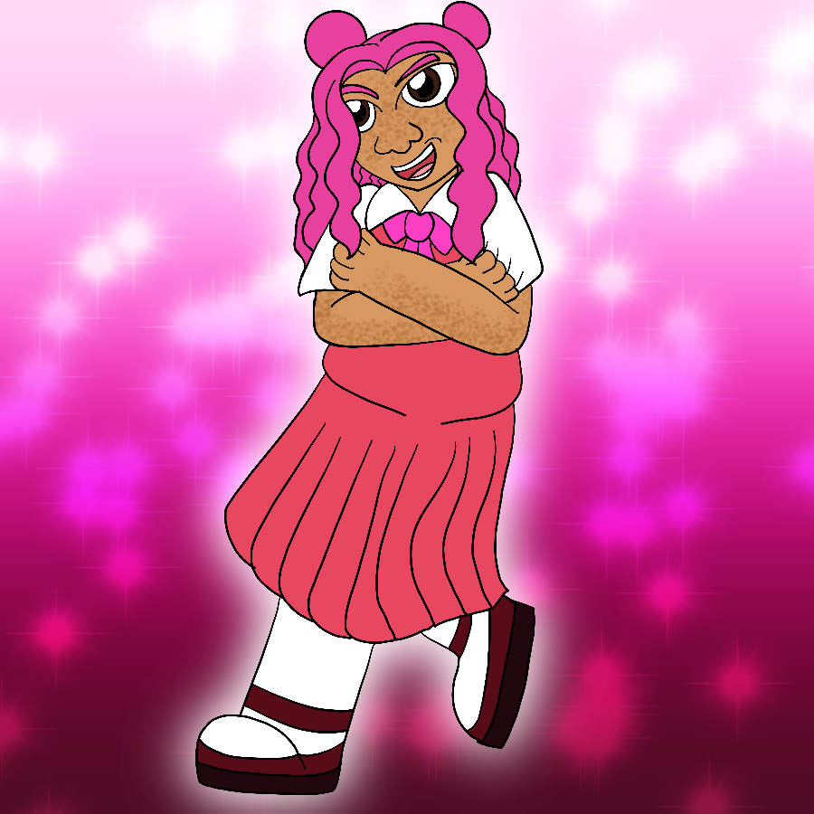 The same character from before, but in a red and white British summer schoolgirl uniform. She grins and talks with her arms crossed.