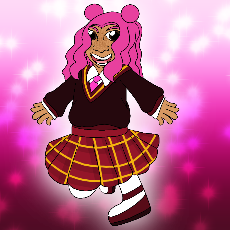 The same character from before, but in a burgundy and gold British winter schoolgirl uniform. She grins widely as she runs with arms outstretched.