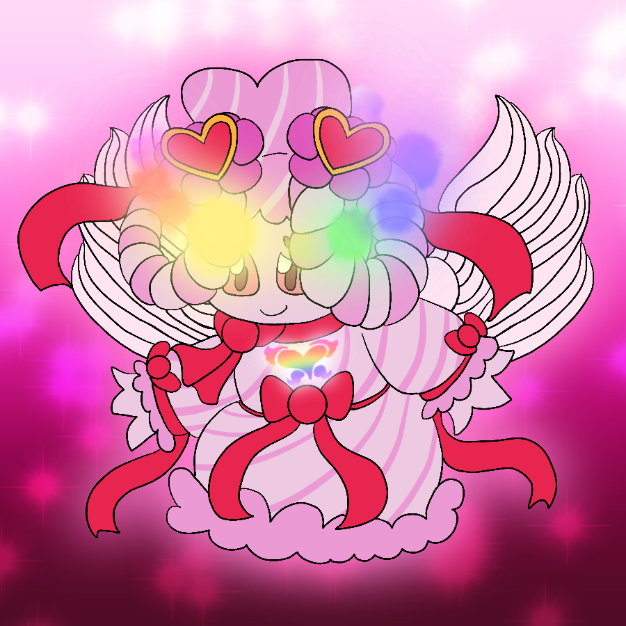 A Ruby Cream/Love Sweet Alcremie in a powered-up state. It has heart-shaped hair baubles in place of its sweets, wings made of merengue, ribbons around its body, a pastel rainbow gradient and glowing symbol on its chest, a ring of rainbow clouds swirling around its head, and a pink aura. It leans down and gently smiles as it hovers in front of a sparkly pink background.