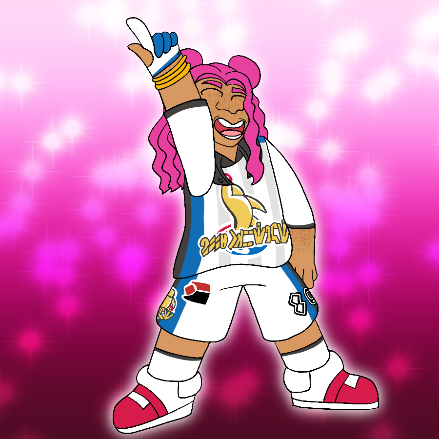 The same character from before, but in the generic Galar gym challenge uniform. She grins widely as she imitates the pose done by the figure on the uniform's shirt, and she wears a gold bracelet rather than the usual Dynamax band.