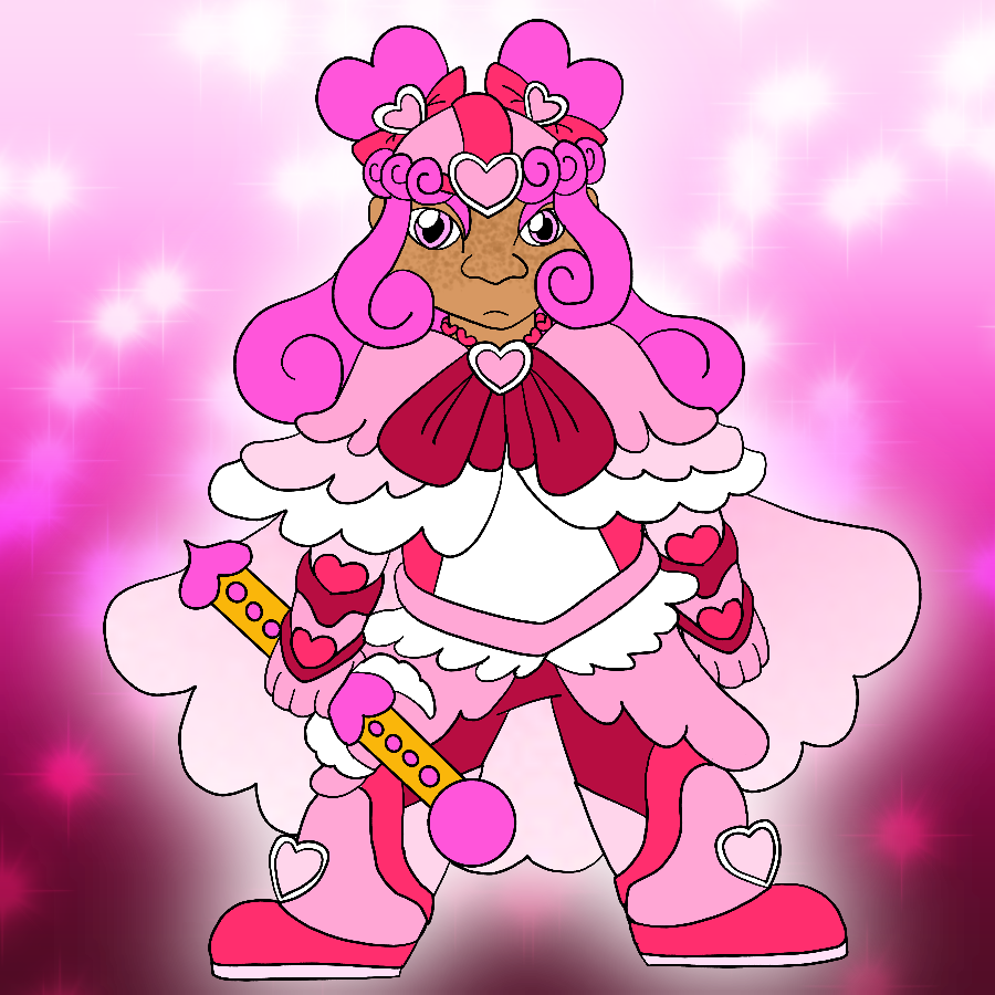 The same character from before, but in a pink and white magical girl uniform that looks like a cross between a knight and an angel. She has a serious expression as she stands and holds a gold and pink, winged wand that resembles a sword.