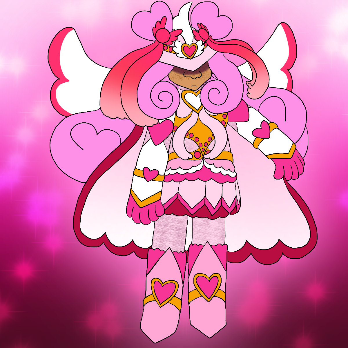 The same character from before, but in a gold, pink and white magical girl uniform that resembles a more elaborate version of her prior magical girl uniform with a pink aura. She has a cold and serious expression as she clutches her cape with one hand.