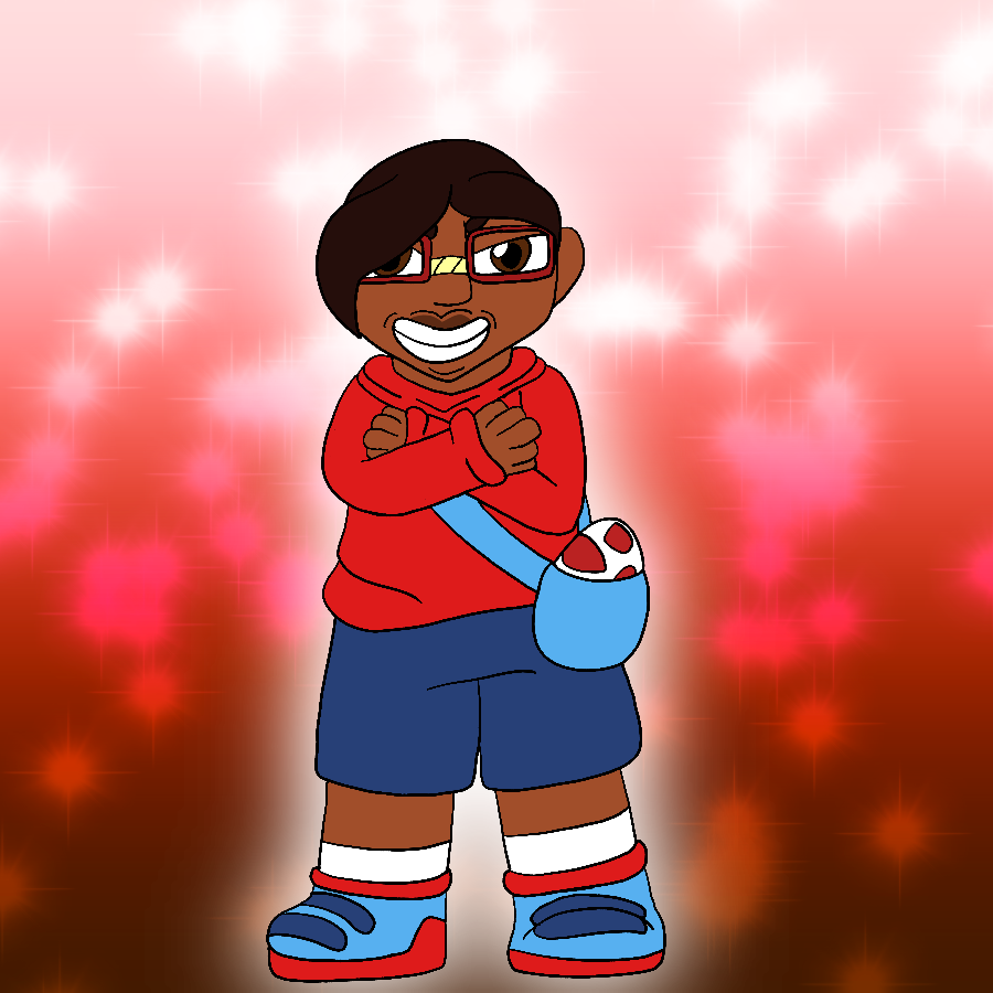 The same character from before, but as a child. She is shorter, her hair is kept in a short, sideswept cut, and she wears an athletic blue, white, and red outfit as she stands with arms crossed and a smile as she carries a Scorbunny egg in a pouch.