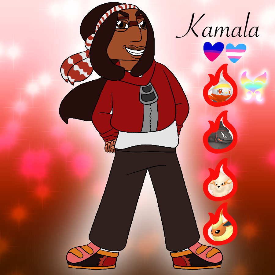 A reference sheet for the artist's Pokemon fan character, a thin girl with brown skin, dark brown hair kept in a long ponytail, and brown eyes. She is shown in casual wear, smiling and standing confidently. She stands in front of a sparkly red gradient background, and beside her is her name, Kamala, hearts in the colors of the bisexual and transgender pride flags, and graphics of her Pokemon team with a special icon marking her team's ace, a Raboot.