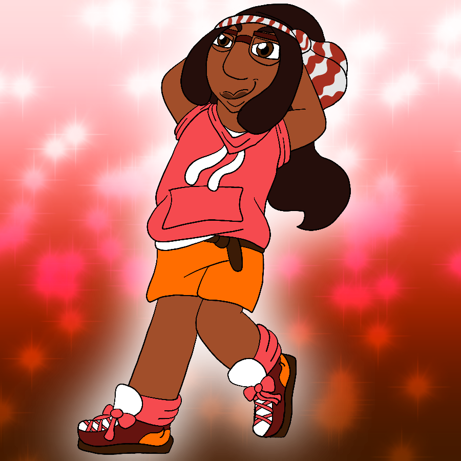 The same character from before, but in a summery casual outfit. She smiles and walks with hands behind her head.