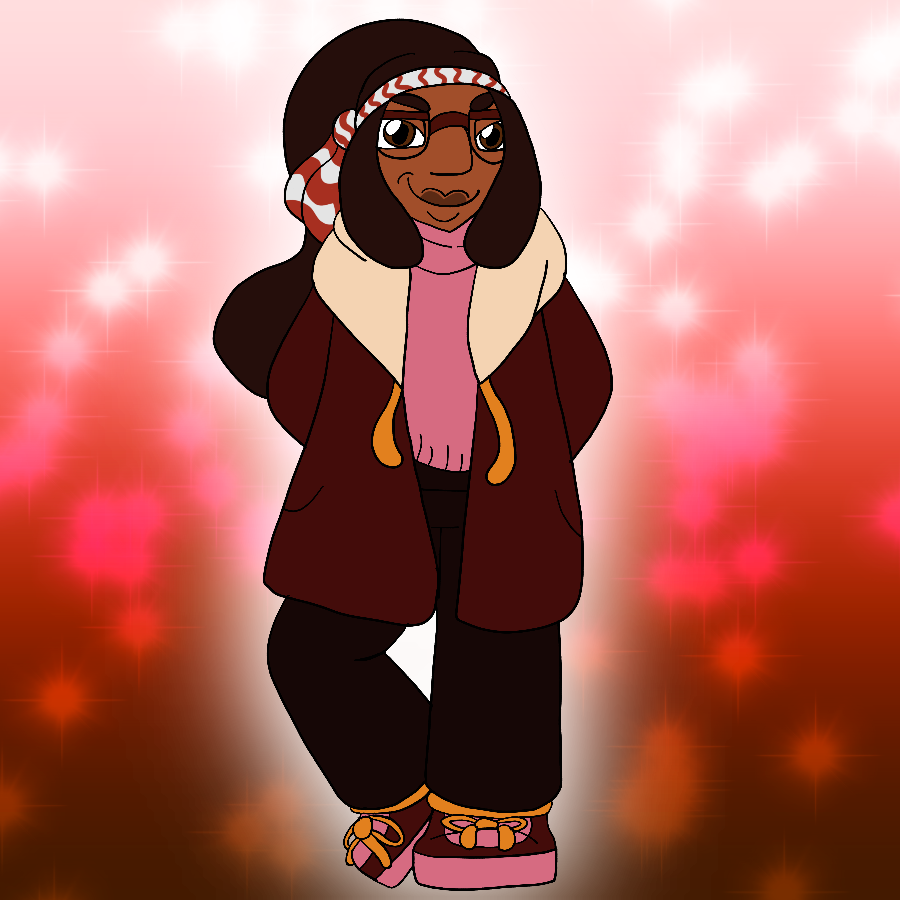 The same character from before, but in a wintery casual outfit. She grins and stands confidently with hands behind her back.