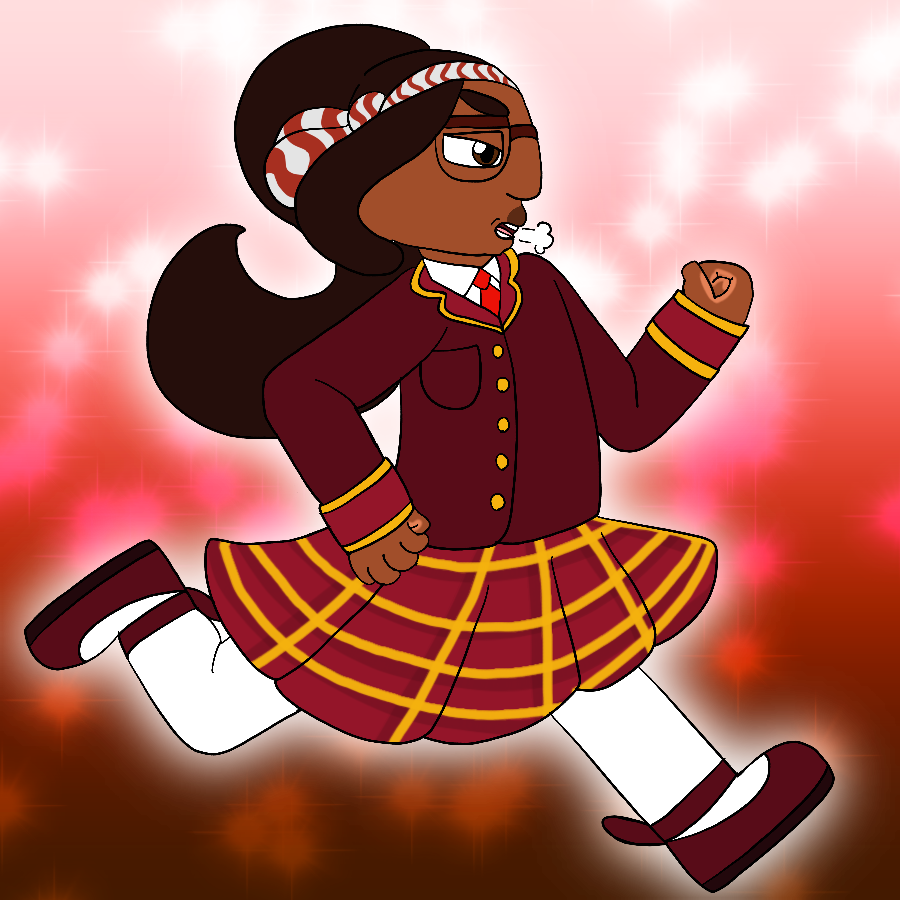 The same character from before, but in a red and gold British schoolgirl uniform. She is shown from the side as she pants and runs.