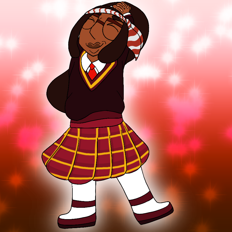 The same character from before, but in a burgundy and gold British winter schoolgirl uniform. She smiles and leans backwards as she stretches.