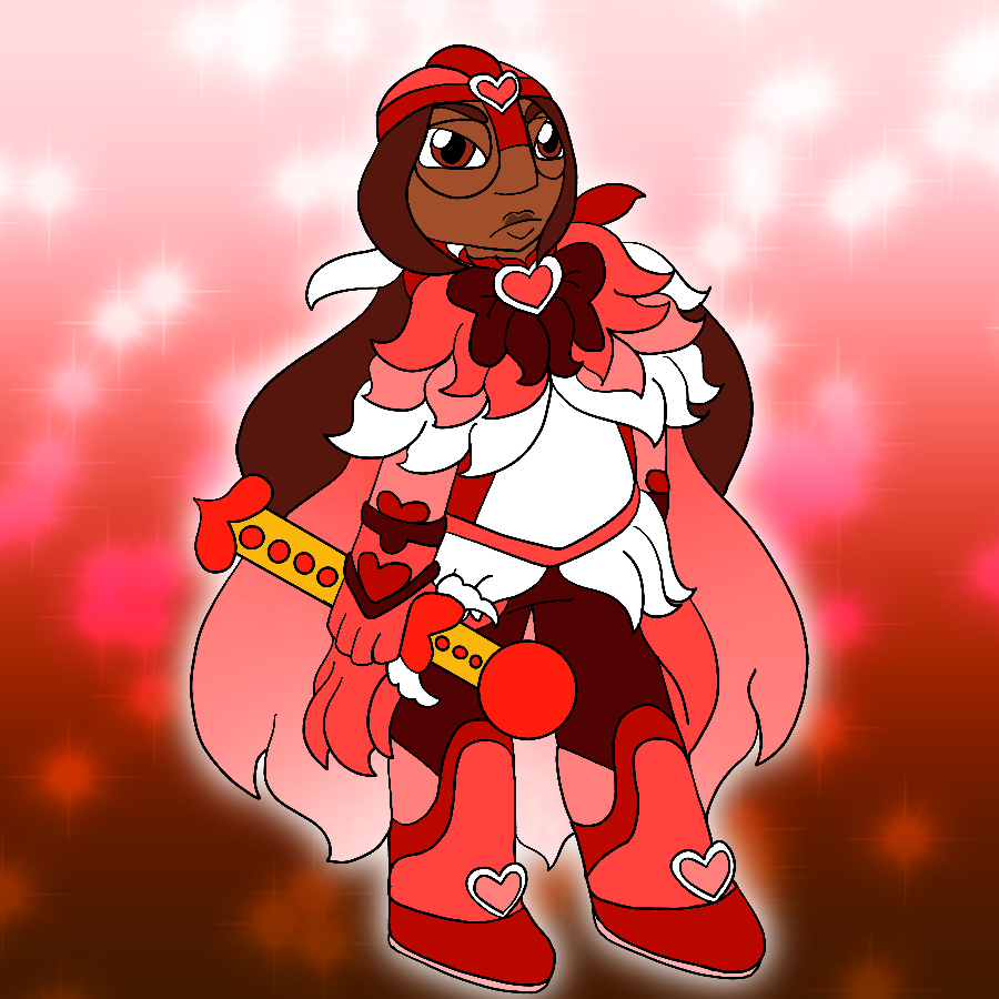 The same character from before, but in a red and white magical girl uniform that looks like a cross between a knight and an angel. She has a serious expression as she stands and holds a gold and red, winged wand that resembles a sword.
