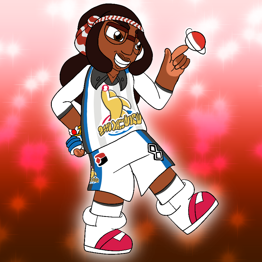 The same character from before, but in the generic Galar gym challenge uniform. She grins widely as she leans and spins a Pokeball on her finger, and she wears a gold bracelet with a round red charm that has white angel wings on the front rather than the usual Dynamax band.