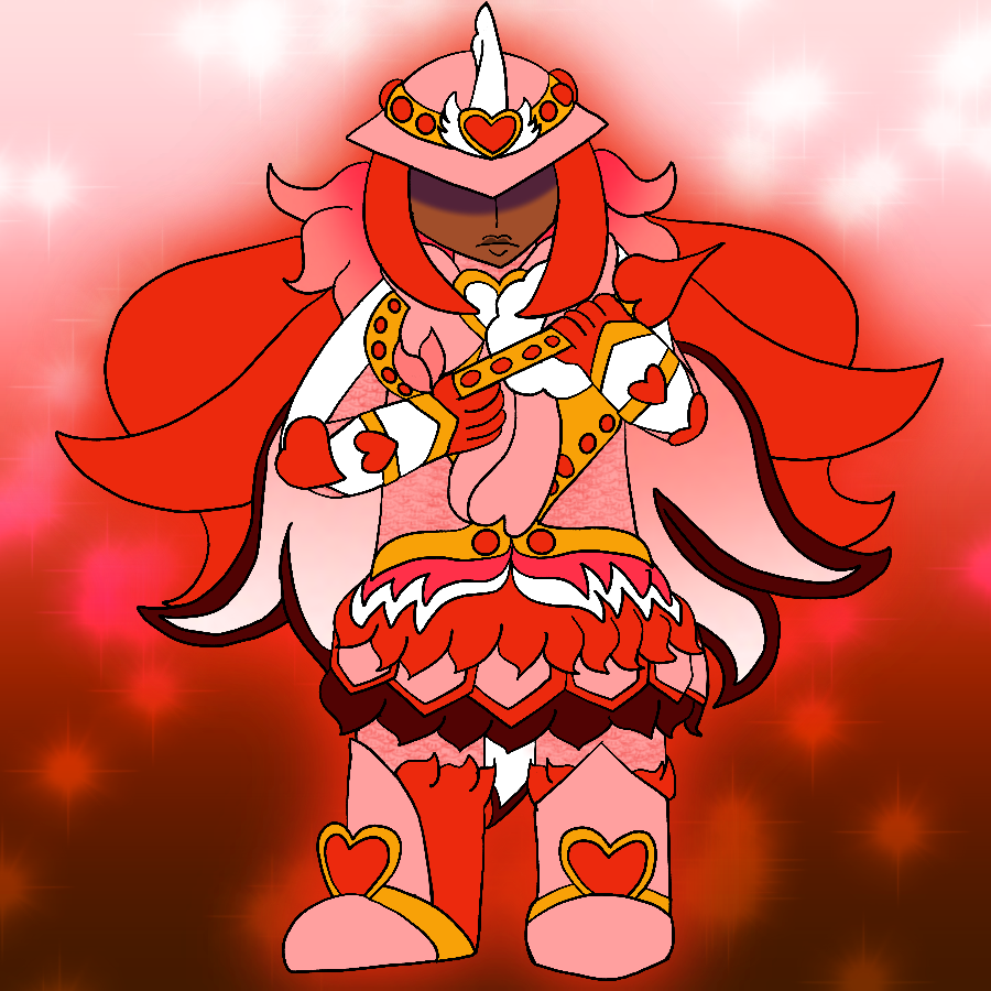 The same character from before, but in a gold, red and white magical girl uniform that resembles a more elaborate version of her prior magical girl uniform with a red aura. She has a cold and serious expression as she holds up her weapon.