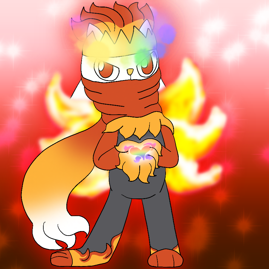 A Raboot in a powered-up state. It has a crown-shaped headband that keeps its ears up, orange and gold wavy hair, a long, scarf-like mask, wings made of fire, white fur, a wavier pocket and neck ruff, flame patterns on its feet, a pastel rainbow gradient and glowing symbol on its chest, a ring of rainbow clouds swirling around its head, and a red aura. It has a stern look as it stabds in front of a sparkly red background.