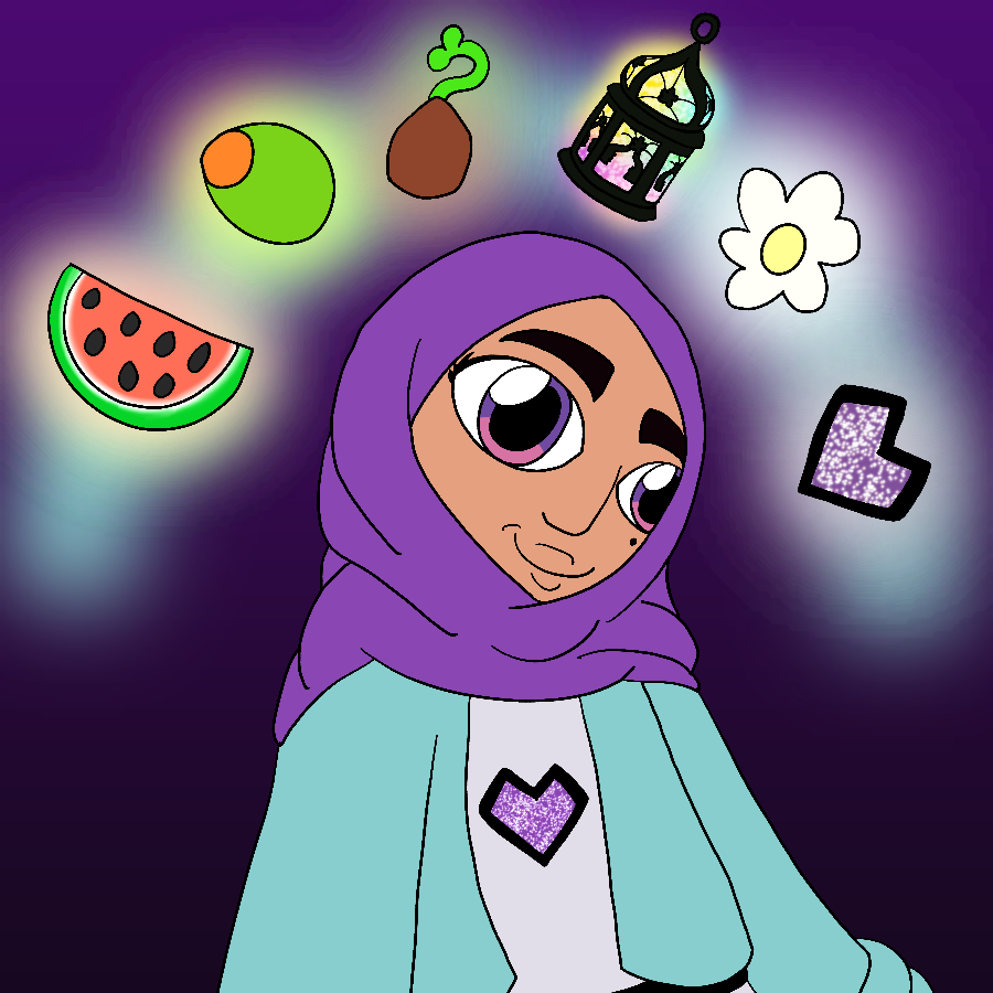 A drawing of Mina from the Muzzy doll line smiling and standing with her head slightly tilted against a dark purple gradient background. Above her head is a light teal glowing arc with six glowing objects surrounding Mina's head: a watermelon slice, an olive, a seed with a sprout growing from it, a fanoos with a rainbow glow, a flower, and a heart similar to the one on her dress.
