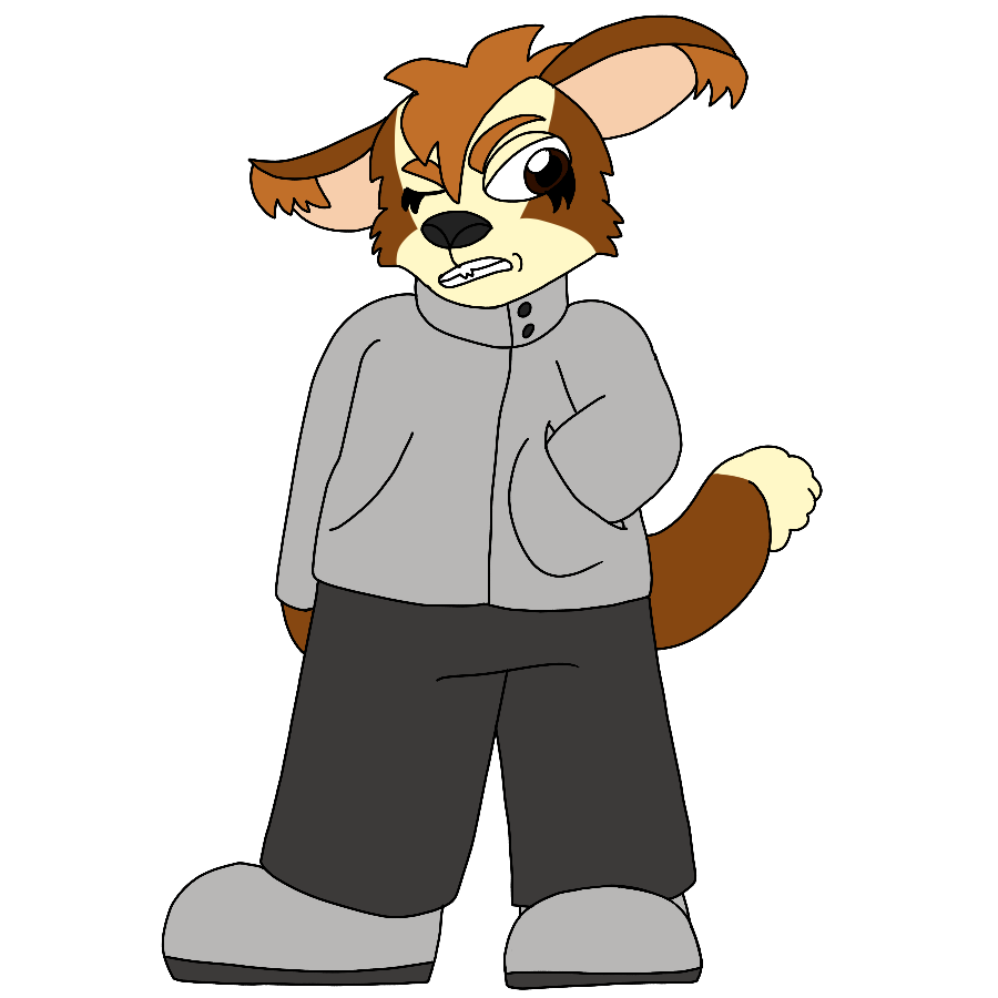 A reference for the artist's Star Fox fan character, an anthropomorphic rabbit-fox hybrid of average build with brown fur that has cream markings, dark brown eyes with black lower lashes, a short brown mohawk, light brown ear tufts, and a thick tail with a fluffy cream tip who dresses in grayscale clothing. They're shown scowling with a hand in their jacket's pocket.