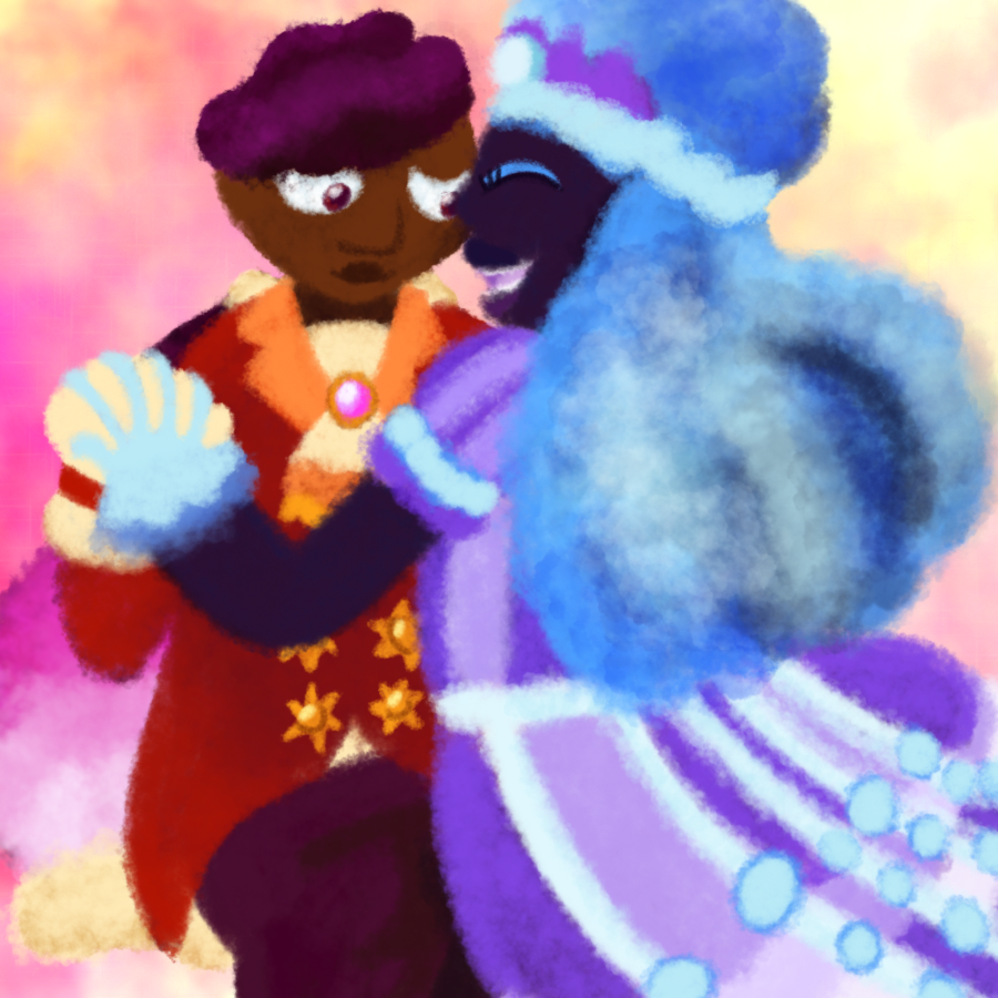 Two Black lesbians made entirely of clouds dancing together with smiles on their faces against a blurry background vaguely in the colors of the lesbian pride flag. One is a butch with medium brown skin, short afro-textured dark magenta hair, and red eyes who wears warm-colored prince's attire, and the other is a femme with long, fluffy blue hair, dark purple-tinted skin, closed eyes with blue eyeshadow and black lashes who wears cool-colored princess's attire.