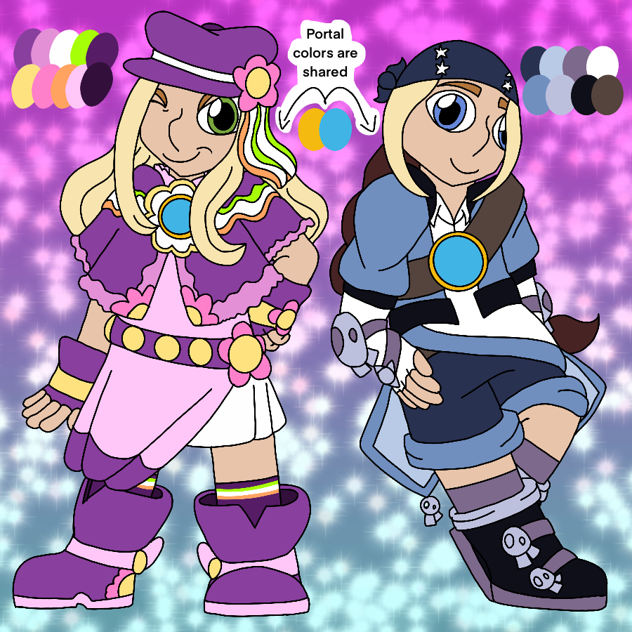 Artwork of Isabel and Nicki Hoffman from the American Girl doll line as Skylanders Ring of Heroes-style portal masters, posing against a purple to blue sparkly gradient background. Isabel wears a girly, Y2K fashion-influenced rpg protagonist outfit, and winks with a hand on her hip. Nicki wears a skater girl-fashion inspired rpg protagonist outfit, and leans back with hands on her hips as she smiles.