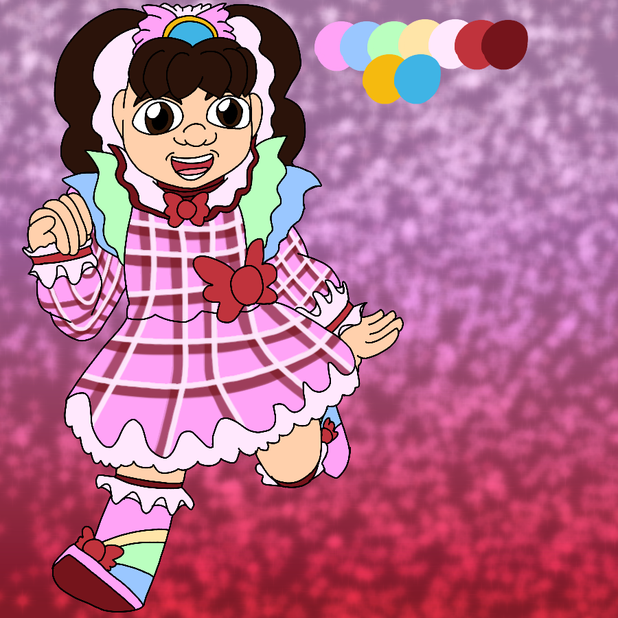 Artwork of Samantha Parkington from the American Girl doll line as a Skylanders Ring of Heroes-style portal master. She wears a pastel, retro magical girl-style outfit inspired by Edwardian and Victorian fashion, and she runs with a wide smiles and a hand raised against a sparkly purple to red gradient background.