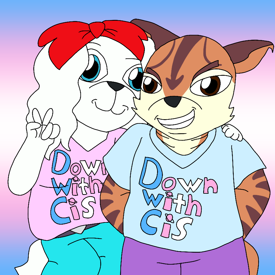 Fanart of Fay and Miyu from Star Fox posing together against a gradient backgroud in the colors of the transgender pride flag. They are both wearing t-shirts that read down with cis in trans flag-colored lettering over their uniforms, are not wearing their jackets, and in addition, Miyu is depicted here as a fat person with brown eyes.