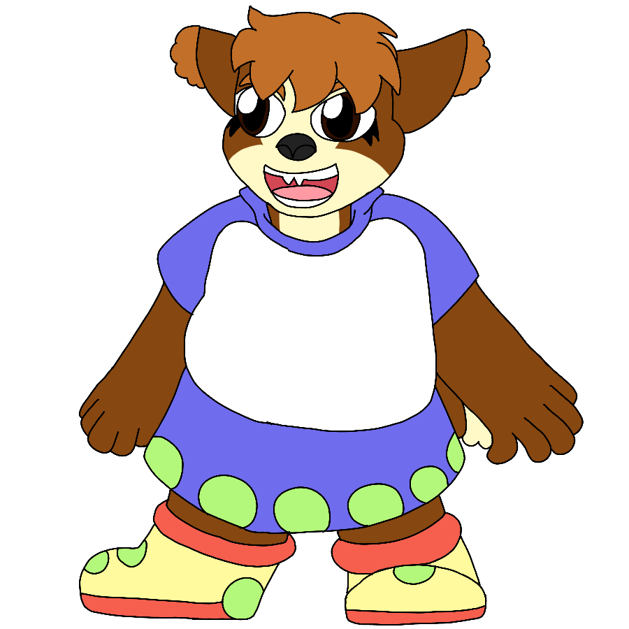 A reference for the artist's Star Fox fan character, an anthropomorphic rabbit-fox hybrid of average build with brown fur that has cream markings, dark brown eyes with black lower lashes, short and messy brown hair, light brown ear tufts, and a thick tail with a fluffy cream tip who dresses in childlike, colorful clothing. They're shown smiling and standing.