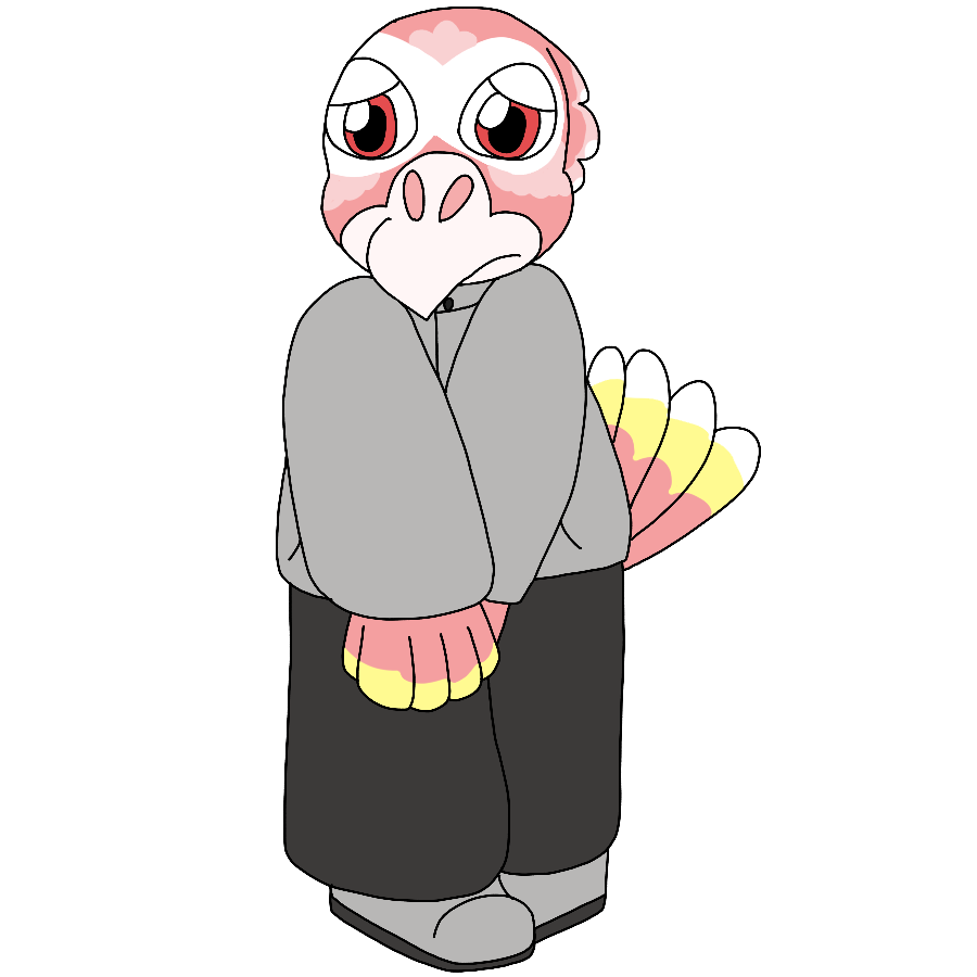 A reference for the artist's Star Fox fan character, an anthropomorphic bourke's parrot with red eyes who dresses in grayscale clothing. She's shown frowning with her hands held together.